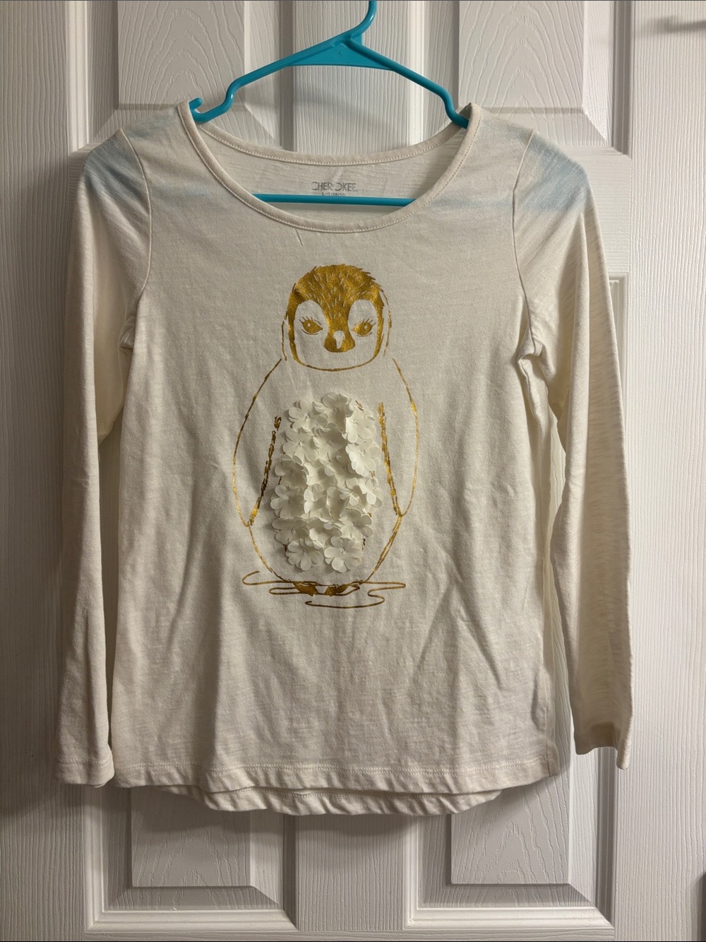 Girls Cherokee Cream Long-Sleeve Top with Penguin and Flower Design